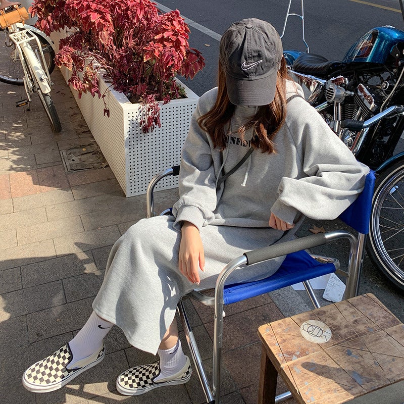 2023 autumn and winter New Korean style BF style hem split loose slimming fleece-lined thickened over-the-knee hooded sweater dress Gray - Image 4