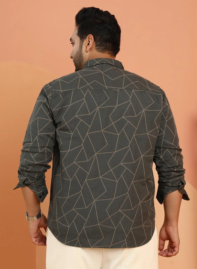 Instafab Plus  Men's Sacramento Green Geometric-Veined Shirt For Casual Wear | Spread Collar | Long Cuffed Sleeves | Button Closure | Plus Size Shirt Crafted With Comfort Fit For Everyday Wear for Men | Best Price UAE