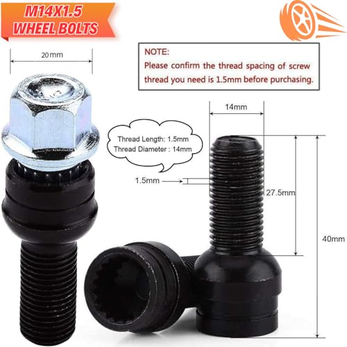 Qlhshop Wheel Bolts Locking Lug Nuts M14 x 1.5 with Locks Key for BMW, Volkswagen (VW) Golf Jetta Beetle Passat Audi, Solid Steel - Black, Set of 5 - Image 4