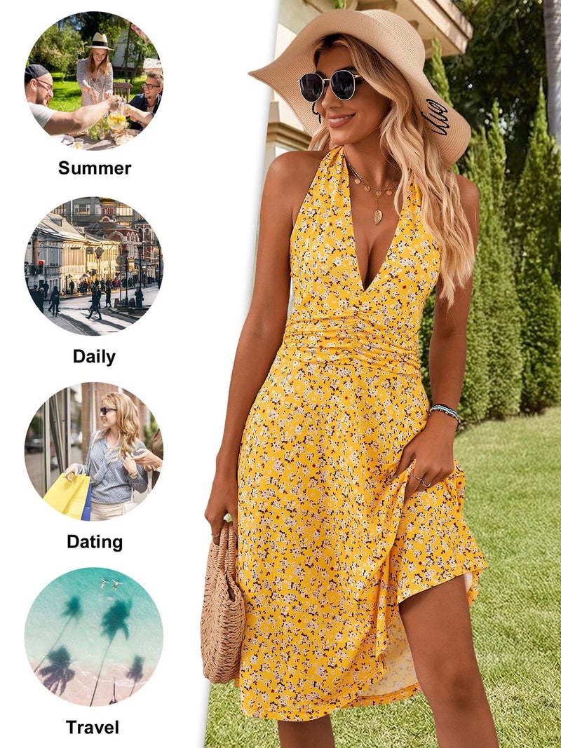 HUHOT Sundress Summer Beach Dresses for Women 2025 Vacation Casual Sun Dress Spring Resort Wear Boho Cruise Outfits Easter Homecoming Graduation Sleeveless Petite Dresses Yellow Floral - Image 3