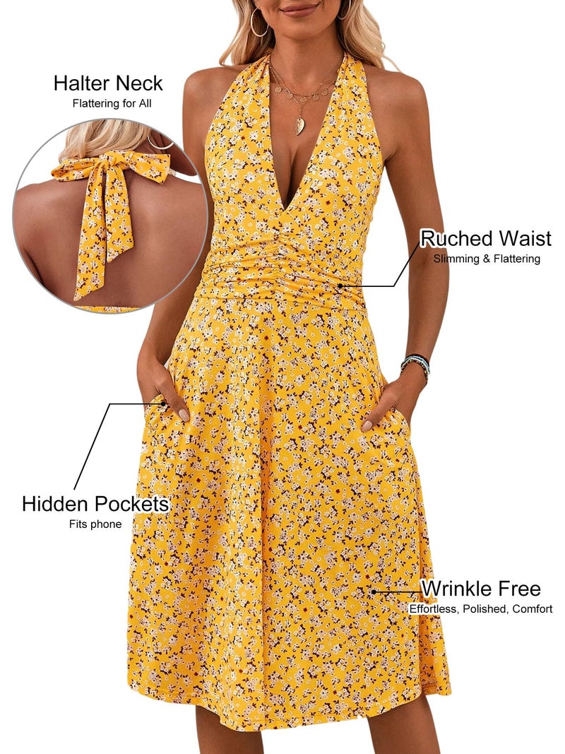 HUHOT Sundress Summer Beach Dresses for Women 2025 Vacation Casual Sun Dress Spring Resort Wear Boho Cruise Outfits Easter Homecoming Graduation Sleeveless Petite Dresses Yellow Floral - Image 2