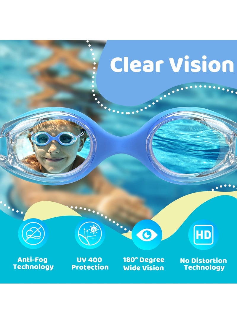 Kids Swim Goggles with Bungee Strap, Anti Fog and Leakproof Design, Quick Adjust for Clear Vision, UV Protection Lenses for Ages 3,15, Set of 2