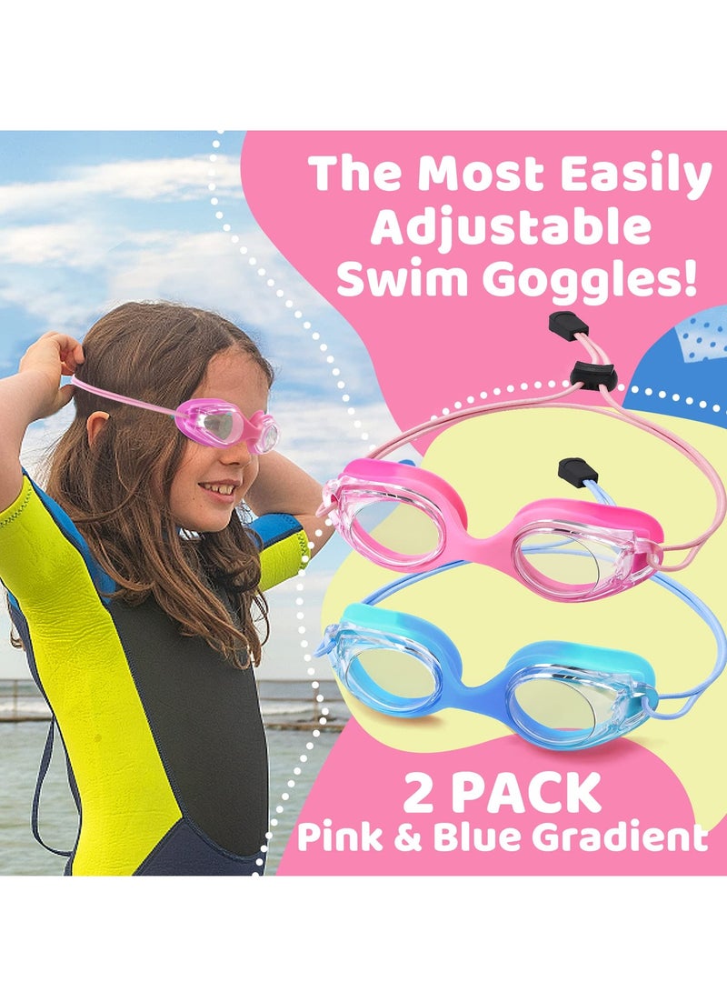 Kids Swim Goggles with Bungee Strap, Anti Fog and Leakproof Design, Quick Adjust for Clear Vision, UV Protection Lenses for Ages 3,15, Set of 2