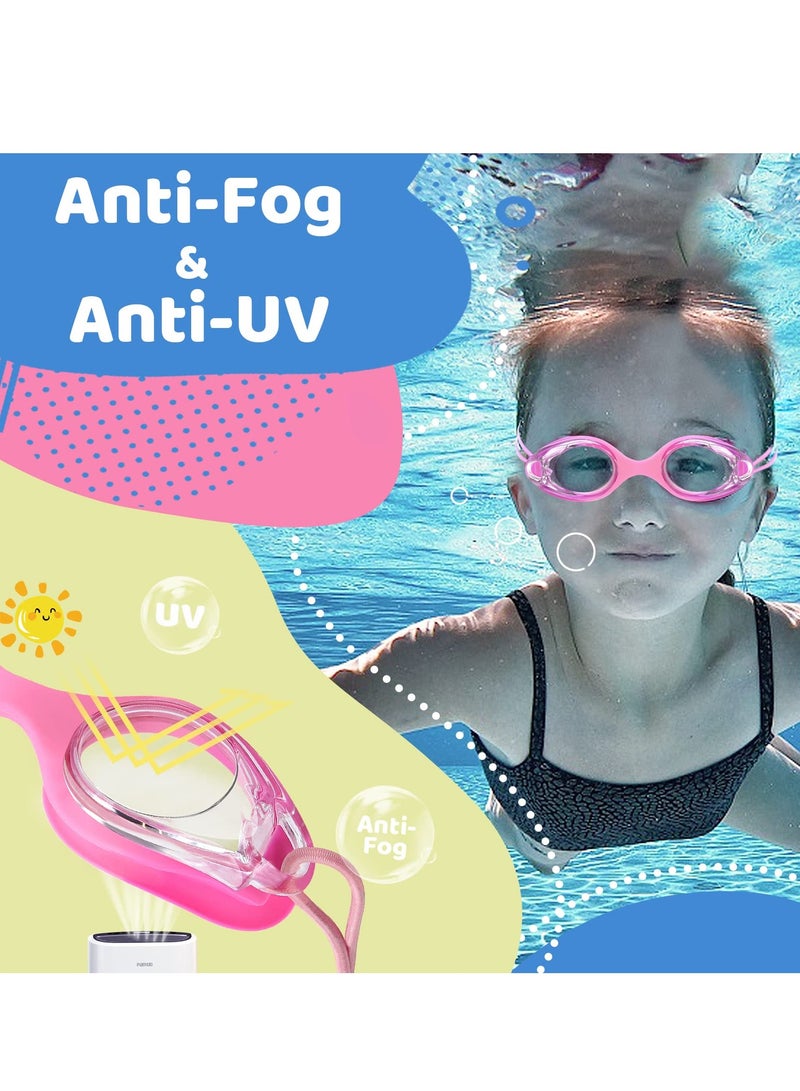 Kids Swim Goggles with Bungee Strap, Anti Fog and Leakproof Design, Quick Adjust for Clear Vision, UV Protection Lenses for Ages 3,15, Set of 2