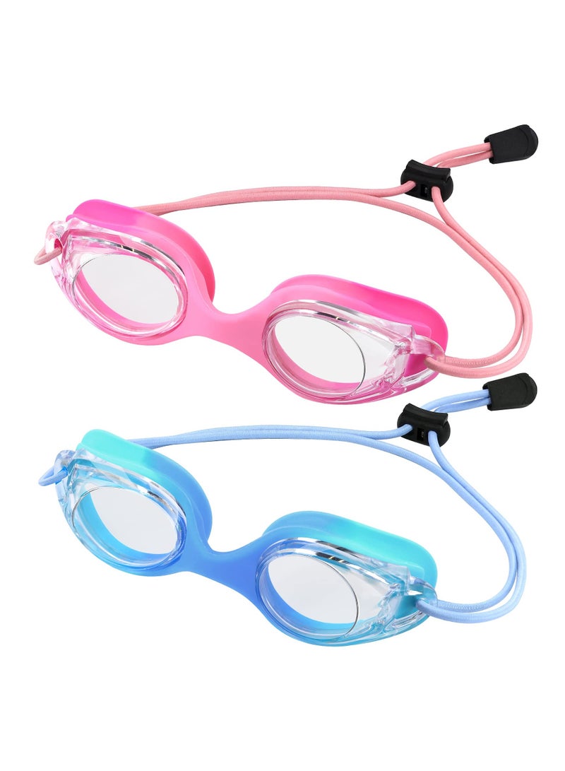 Kids Swim Goggles with Bungee Strap, Anti Fog and Leakproof Design, Quick Adjust for Clear Vision, UV Protection Lenses for Ages 3,15, Set of 2