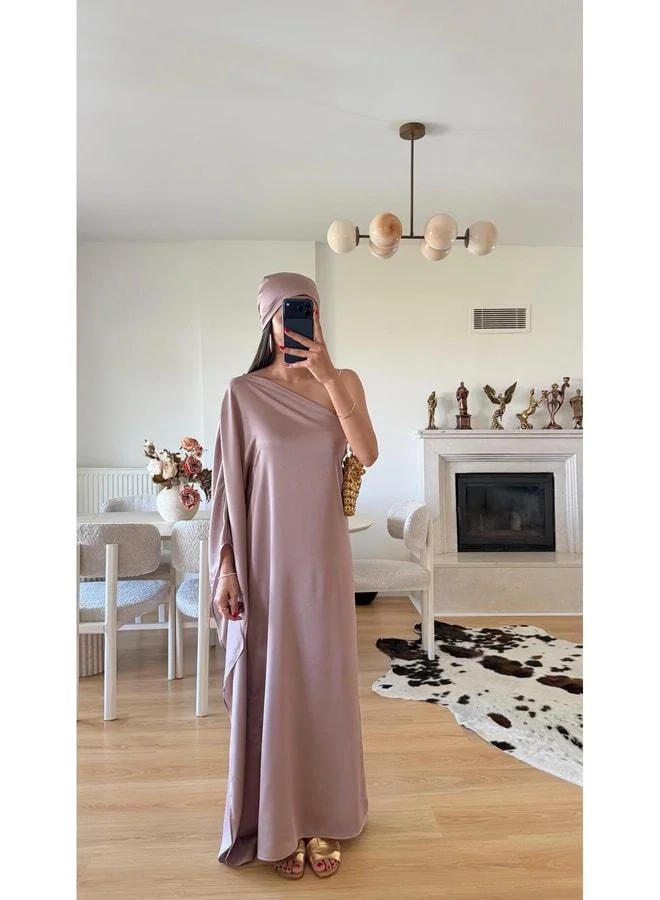 Gaus Powder Pink Banded One-Shoulder Satin Dress GAUS-01645.