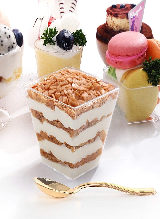 supernal 100pcs Square Plastic Dessert Cups (4oz) with 100pcs Mini Gold Spoons, Plastic Parfait Appetizer Cup, Medium Clear Dessert Cups Perfect for Cakes, Ice Cream, Desserts Appetizers - Image 2