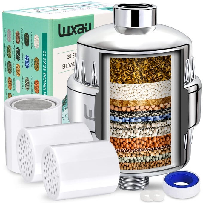 20 STAGE SHOWER FILTER W 3 CARTRIDGE SHOWER HEAD FILTER REDUCE WELL HARD WATER CHLORINE HEAVY METAL IMPURITY IMPROVE SKIN HAIR FIT MOST HANDHELD SHOWERHEAD FIXED RAINFALL CHROME