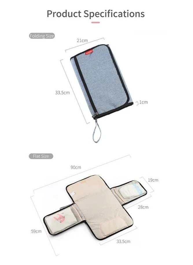 Baby Diaper Changing Pad with Cushioned Pillow and Multiple Pockets, 3 Layers Waterproof, Foldable and Portable Changing Mat for Infants