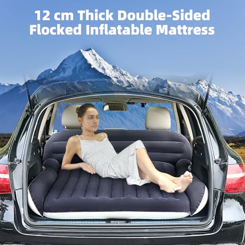 KMZ SUV Air Mattress with 2 Pillows Thickened and Flocked Car Bed Portable Travel Pad for Camping Road Trips Quick Inflate Deflate with External Pump Navy BlueLight Gray - Image 3