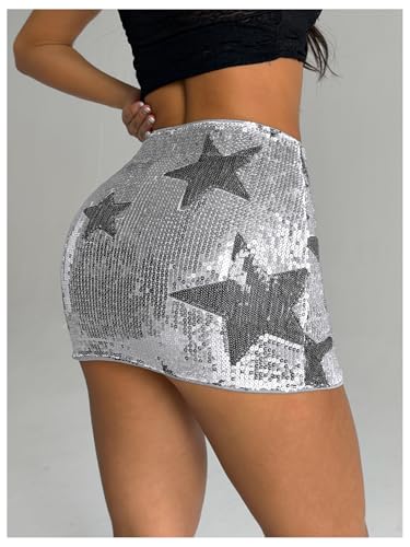 WDIRARA Women's Sparkly Sequin Bodycon Mini Skirt Low Rise Star Graphic Party Club Rave Skirts Silver Small - Image 5