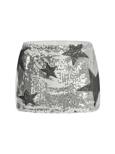 WDIRARA Women's Sparkly Sequin Bodycon Mini Skirt Low Rise Star Graphic Party Club Rave Skirts Silver Small - Image 1