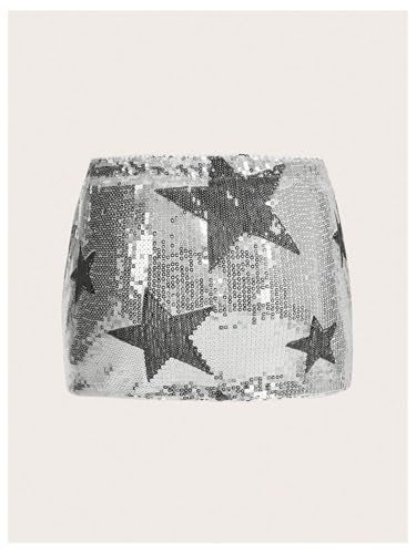 WDIRARA Women's Sparkly Sequin Bodycon Mini Skirt Low Rise Star Graphic Party Club Rave Skirts Silver Small - Image 4