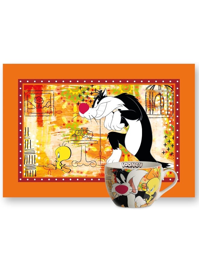 EGAN طقم إفطار لوني تونز – كوب وموضع قطن – طقم إفطار للأطفال مكون من قطعتين يتميز بشخصيات لوني تونز – أدوات المائدة (سيلفستر وتويتي) - Image 1