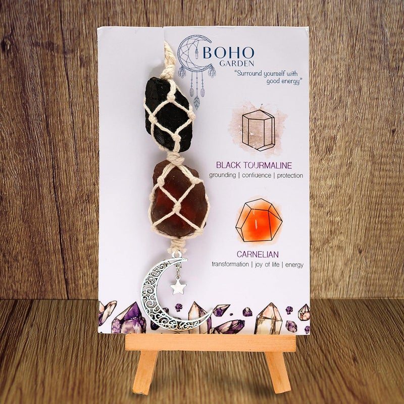 BOHO GARDEN Hanging Car Charm - Black Tourmaline & Carnelian - Dangling Moon, Healing Crystal Accessories, Rearview Mirror Decorations - Grounding, Confidence, Protection, Transformation, Joy, Energy - Image 2
