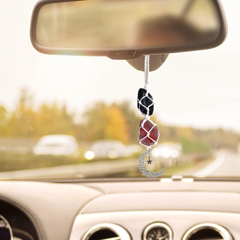 BOHO GARDEN Hanging Car Charm - Black Tourmaline & Carnelian - Dangling Moon, Healing Crystal Accessories, Rearview Mirror Decorations - Grounding, Confidence, Protection, Transformation, Joy, Energy - Image 1