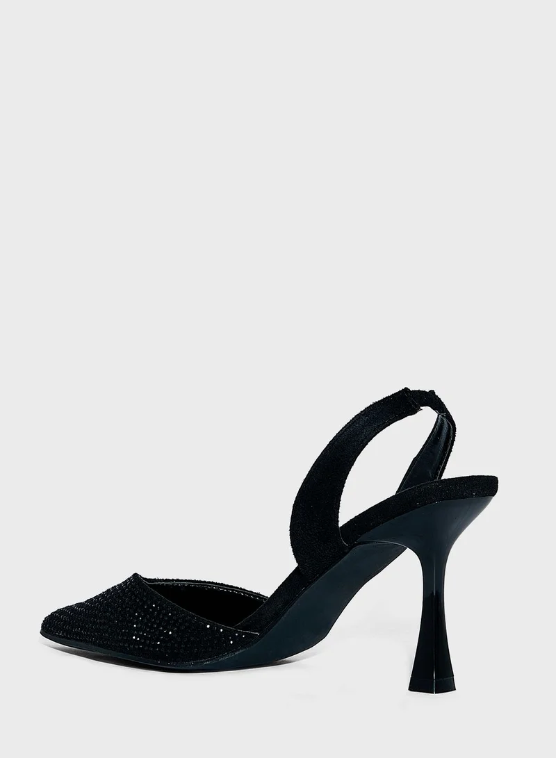 Ginger Diamante Slingback Pointed Pump Black