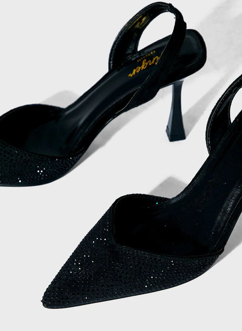 Ginger Diamante Slingback Pointed Pump Black