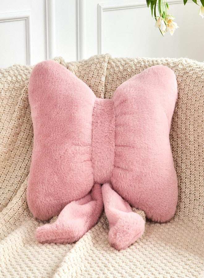 XVTRU Dusty Pink Bow Pillow, Soft Bow Decorative Pillows with Faux Rabbit Fur, Cute 12" Bow Throw Pillows, Aesthetic Home Decor Bow Shaped Plush Pillow for Bedroom Sofa Couch - Image 1
