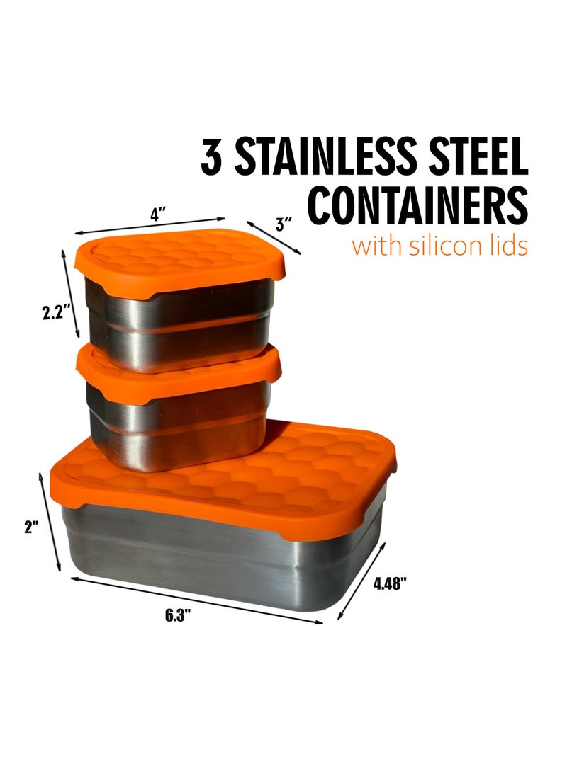 KASTWAVE Stainless Steel Food Containers with Lids Set of 3 (24.34 oz, 8 oz, 8 oz) - Metal Snack Container for Kids, Lunch Box with Silicone Lids Sandwich Containers-Premium Leakproof Bento Box Storage  - Image 4