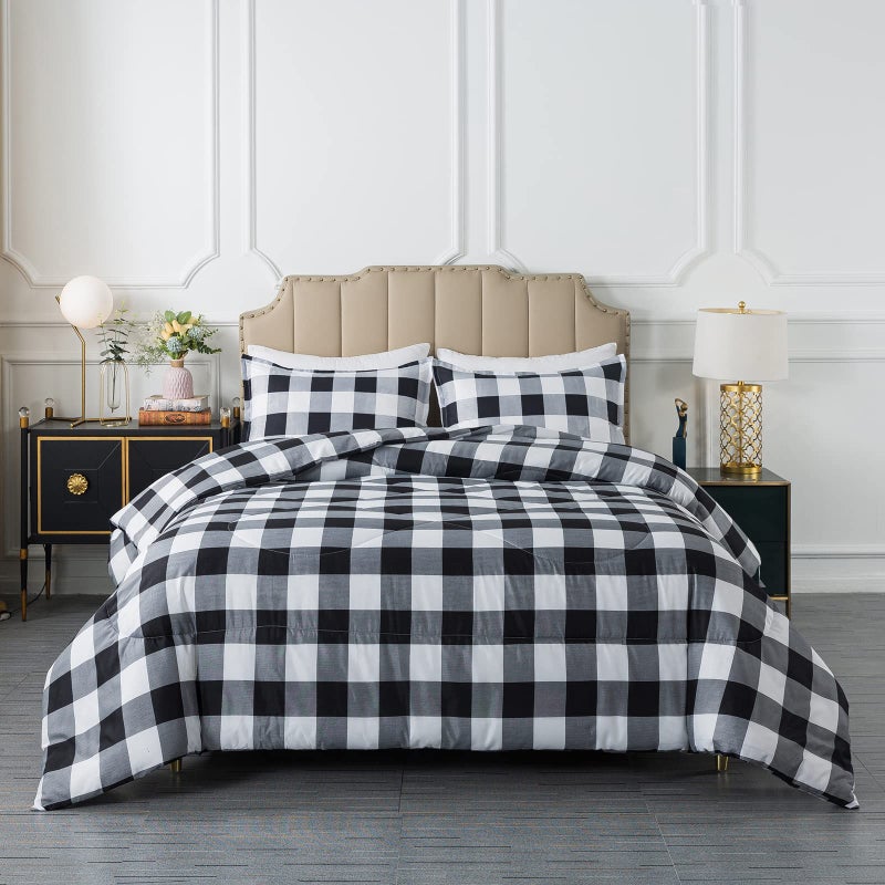 Caressma Buffalo Plaid Comforter Set Queen Black White Buffalo Plaid Comforter Bedding Set for All Seasons Classic Gingham Pattern Print Soft Microfiber 3 Pieces Comforter with Pillowcases