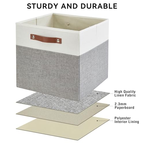Bagnizer Collapsible Fabric Storage Cube Bins with 2 Reinforced PU Handles, Foldable Storage Organizer Baskets for Closet, Shelves, Living Room | 11"x11"x11", 4 Pack, Gray & White - Image 3