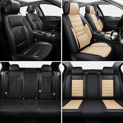 MINGBRON Car Seat Covers Full Set, Brown Car Seat Cover Lumbar Support, Car Seat Protector Waterproof, Nappa Leather Car Seat Cushion, Front Seats and Back Fit for Most Cars Beige - Image 2