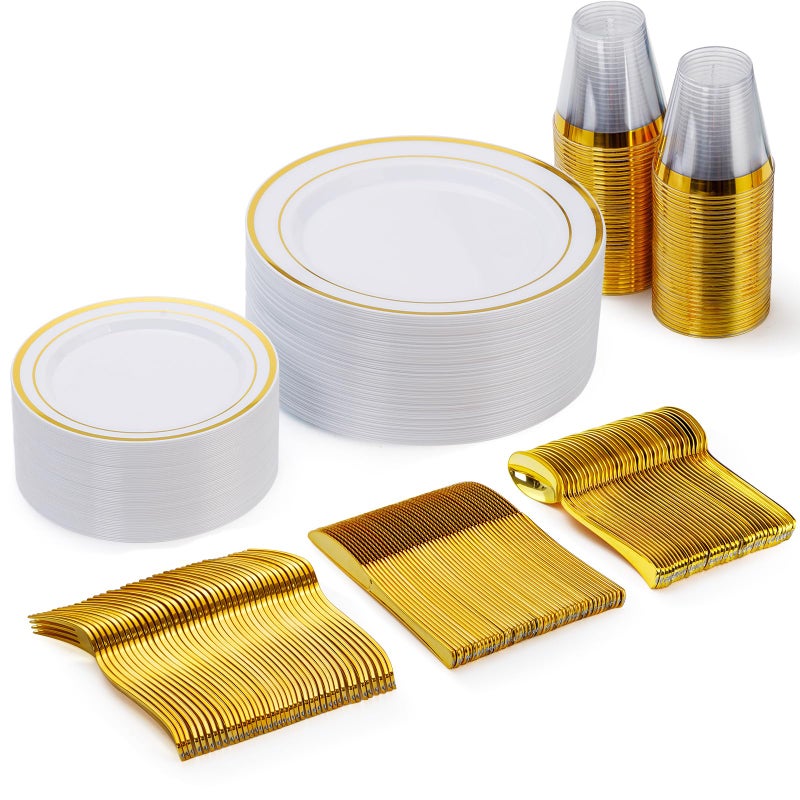Goodluck 150 Pieces Gold Disposable Plates for 25 Guests Plastic Party Wedding Dinnerware Set of Dinner Plates Salad Spoons Forks Knives Cups