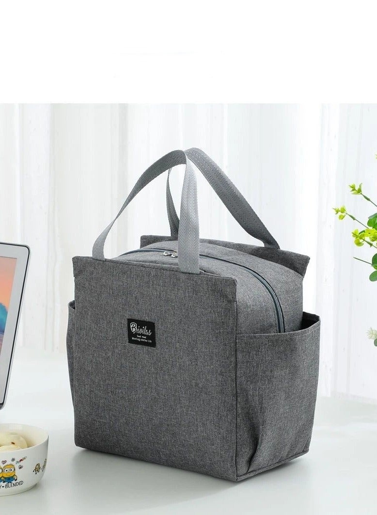 حقيبة غداء معزولة بجيوب جانبية مزدوجة - حقيبة حرارية للرجال والنساء والأطفال، صندوق غداء خفيف الوزن وقابل لإعادة الاستخدام مقاس 9.8 بوصة للعمل والمدرسة والمكتب والنزهات (رمادي) - Image 2