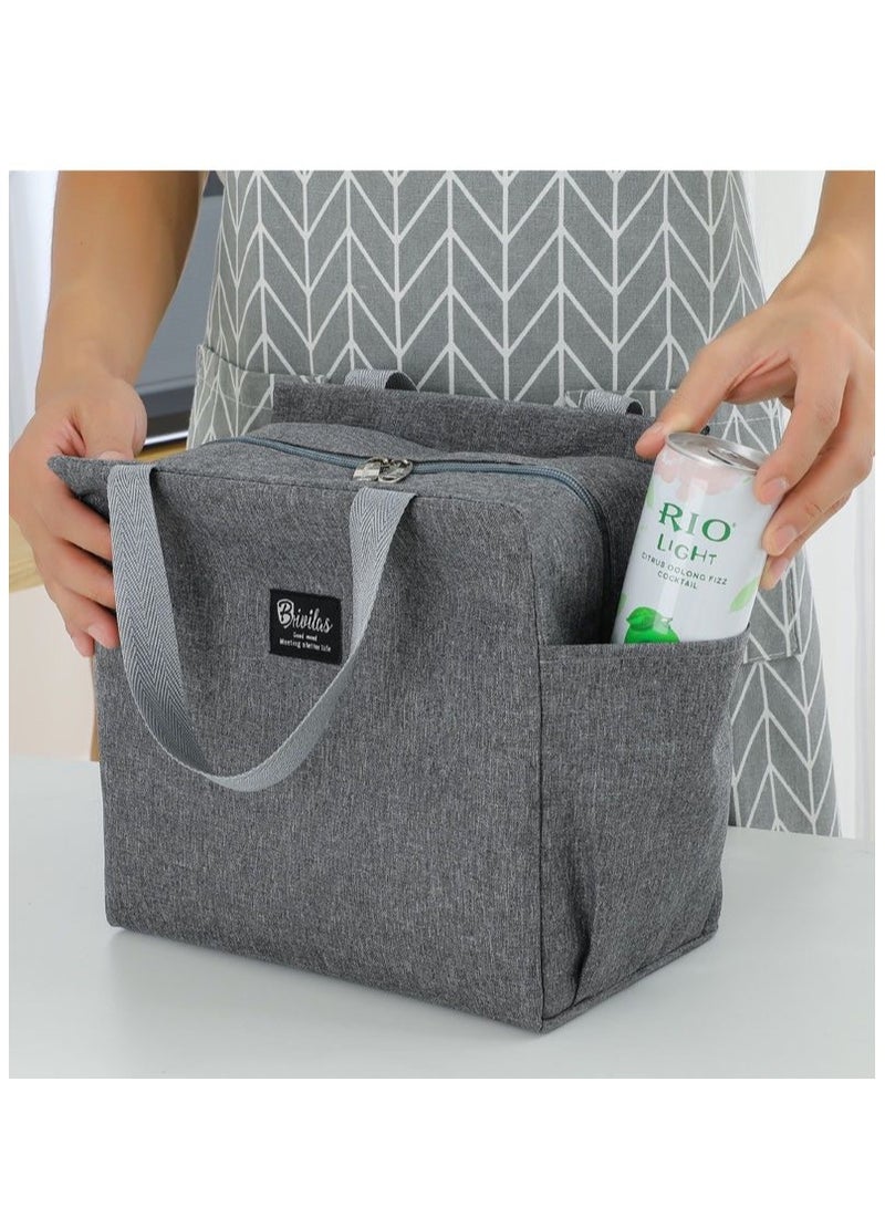 حقيبة غداء معزولة بجيوب جانبية مزدوجة - حقيبة حرارية للرجال والنساء والأطفال، صندوق غداء خفيف الوزن وقابل لإعادة الاستخدام مقاس 9.8 بوصة للعمل والمدرسة والمكتب والنزهات (رمادي) - Image 3