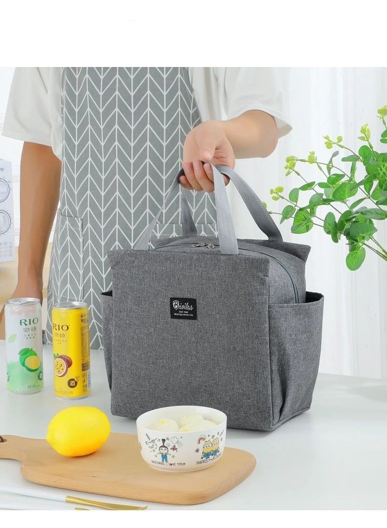 حقيبة غداء معزولة بجيوب جانبية مزدوجة - حقيبة حرارية للرجال والنساء والأطفال، صندوق غداء خفيف الوزن وقابل لإعادة الاستخدام مقاس 9.8 بوصة للعمل والمدرسة والمكتب والنزهات (رمادي) - Image 4
