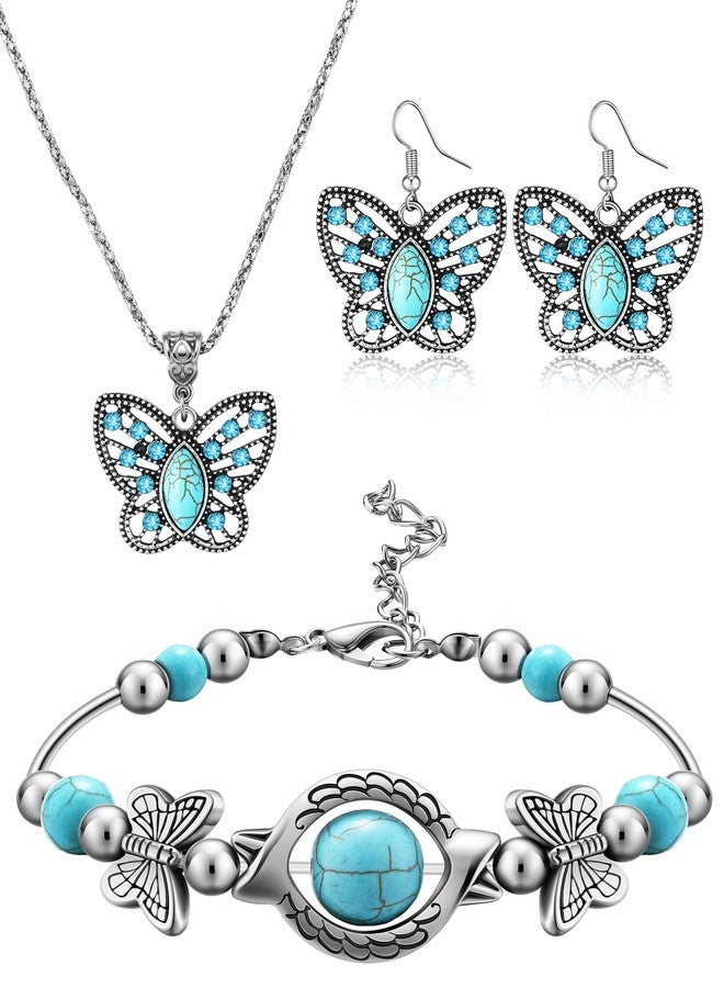 Inbagi 3 Pcs Western Jewelry for Women Bohemian Set, Boho Pendant Long Choker, Faux Leather Layered Bracelet, Dangle Earrings(Butterfly Style) - Image 1