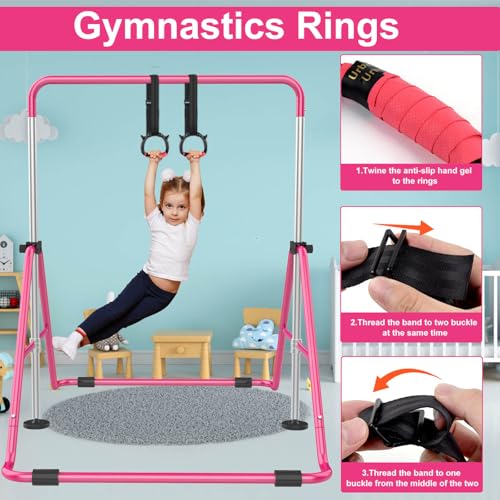 RINREA Gymnastics Rings for Kids, Children's Pull Up Rings with Adjustable Straps, Home Exercise Gym Rings for Strength/Physical Training (Pink) - Image 3