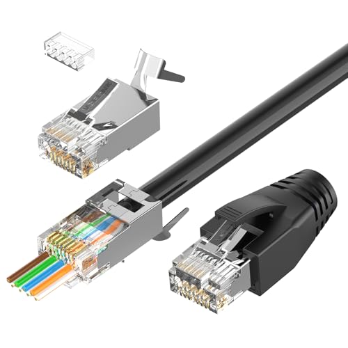 VCELINK CAT6A Connector, RJ45 Connectors Pass Through CAT6A CAT7 Shielded, UL-Listed 3-Prong Gold Plated, CAT7 Connector with Strain Relief Boots (RJ45 Connector-Transparent, Black, 30-Pack) - Image 1