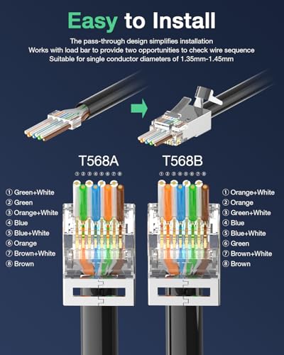 VCELINK CAT6A Connector, RJ45 Connectors Pass Through CAT6A CAT7 Shielded, UL-Listed 3-Prong Gold Plated, CAT7 Connector with Strain Relief Boots (RJ45 Connector-Transparent, Black, 30-Pack) - Image 5