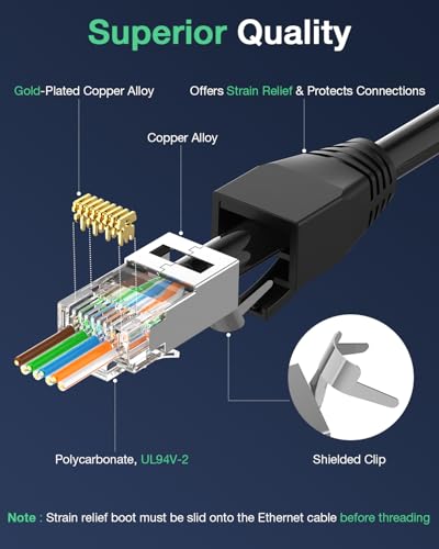 VCELINK CAT6A Connector, RJ45 Connectors Pass Through CAT6A CAT7 Shielded, UL-Listed 3-Prong Gold Plated, CAT7 Connector with Strain Relief Boots (RJ45 Connector-Transparent, Black, 30-Pack) - Image 2