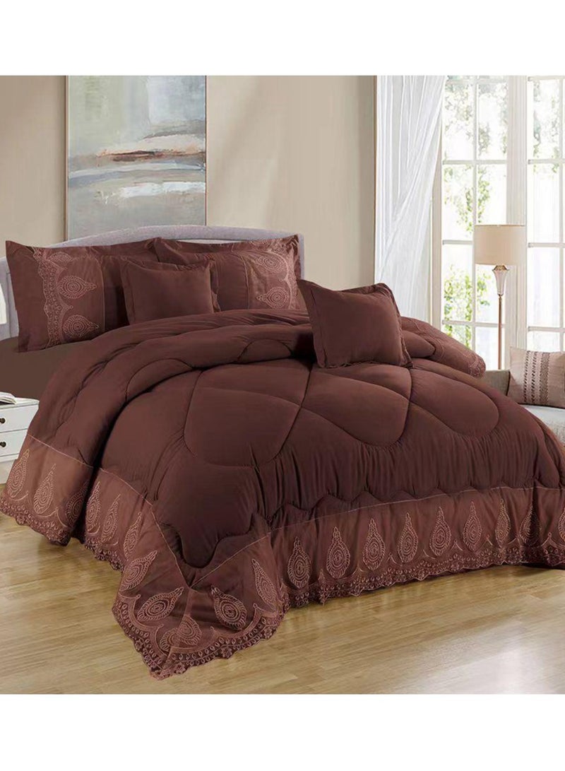 Comfy COMFY 6 PC EMBROIDERY LACE COTTON SOFT KINGSIZE COMFORTER SET BROWN 