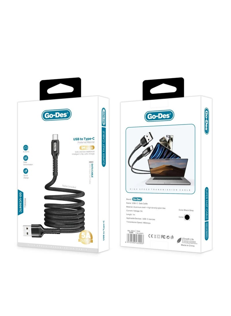 جو-ديز كابل بيانات شحن فائق السرعة من USB إلى C-Type سلك مضفر من النايلون متوافق مع سامسونج هواوي بطول 1 متر - أسود - Image 3