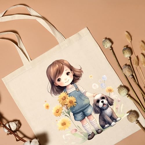 Metsi Canvas Tote Bag - Zipper Pocket With Girl and Puppy Print for Women 13x15 Inch, Eco-Friendly Multi-Purpose Cotton Tote Bag for Shopping, School, Beach, Groceries DIY Painting Gift Use - Design 3 - Image 2