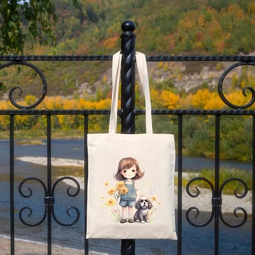 Metsi Canvas Tote Bag - Zipper Pocket With Girl and Puppy Print for Women 13x15 Inch, Eco-Friendly Multi-Purpose Cotton Tote Bag for Shopping, School, Beach, Groceries DIY Painting Gift Use - Design 3 - Image 3