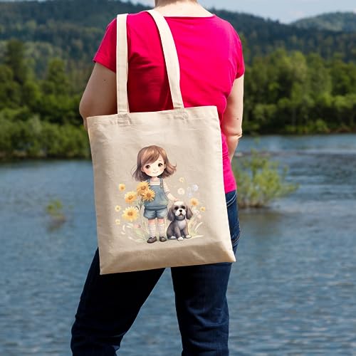 Metsi Canvas Tote Bag - Zipper Pocket With Girl and Puppy Print for Women 13x15 Inch, Eco-Friendly Multi-Purpose Cotton Tote Bag for Shopping, School, Beach, Groceries DIY Painting Gift Use - Design 3 - Image 5