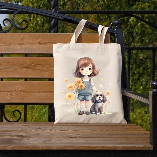 Metsi Canvas Tote Bag - Zipper Pocket With Girl and Puppy Print for Women 13x15 Inch, Eco-Friendly Multi-Purpose Cotton Tote Bag for Shopping, School, Beach, Groceries DIY Painting Gift Use - Design 3 - Image 4
