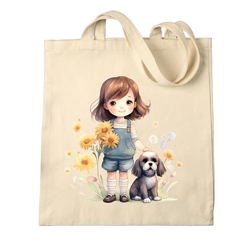 Metsi Canvas Tote Bag - Zipper Pocket With Girl and Puppy Print for Women 13x15 Inch, Eco-Friendly Multi-Purpose Cotton Tote Bag for Shopping, School, Beach, Groceries DIY Painting Gift Use - Design 3 - Image 1