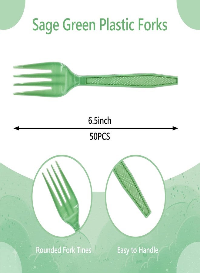 JarThenaAMCS 50Pcs Sage Green Plastic Forks Heavy-Duty Disposable Dinner Dessert Forks Plastic Flatware Cutlery Utensil for Catering Wedding Party Supplies, 6.5 inch - Image 2