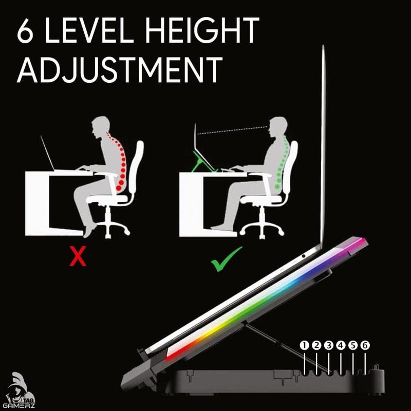 tag Gamerz Neo Laptop Cooling Pad – 6 Silent Red LED Turbo Fans, 7 RGB Modes, Detachable Mobile Holder, 17 inch Notebook Support, 6 Level Height Adjustment, LCD Display, Dual USB Hub, Anti-Slip Baffle - Image 5