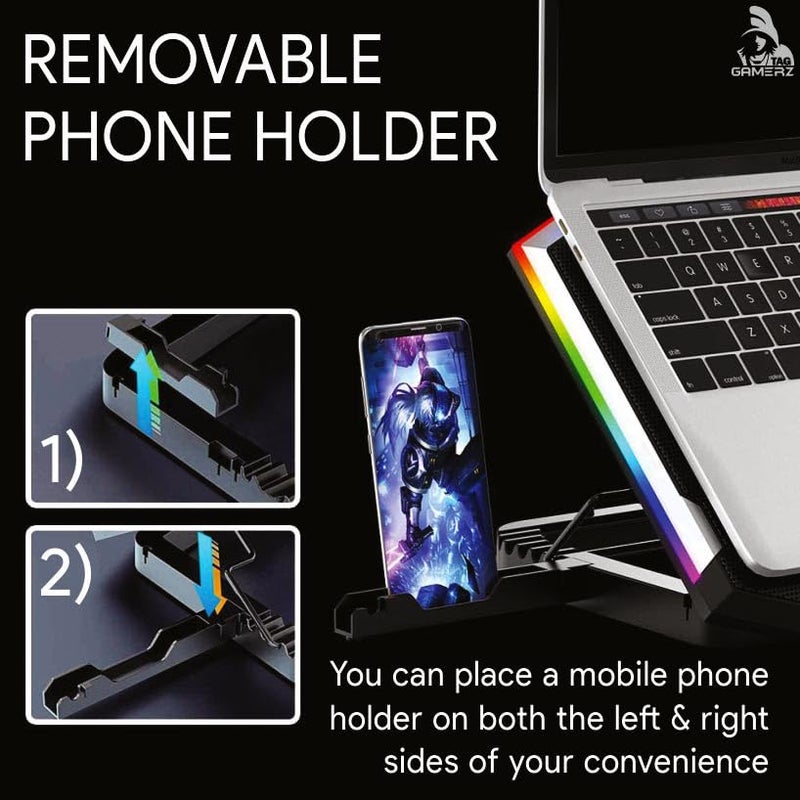 tag Gamerz Neo Laptop Cooling Pad – 6 Silent Red LED Turbo Fans, 7 RGB Modes, Detachable Mobile Holder, 17 inch Notebook Support, 6 Level Height Adjustment, LCD Display, Dual USB Hub, Anti-Slip Baffle - Image 4