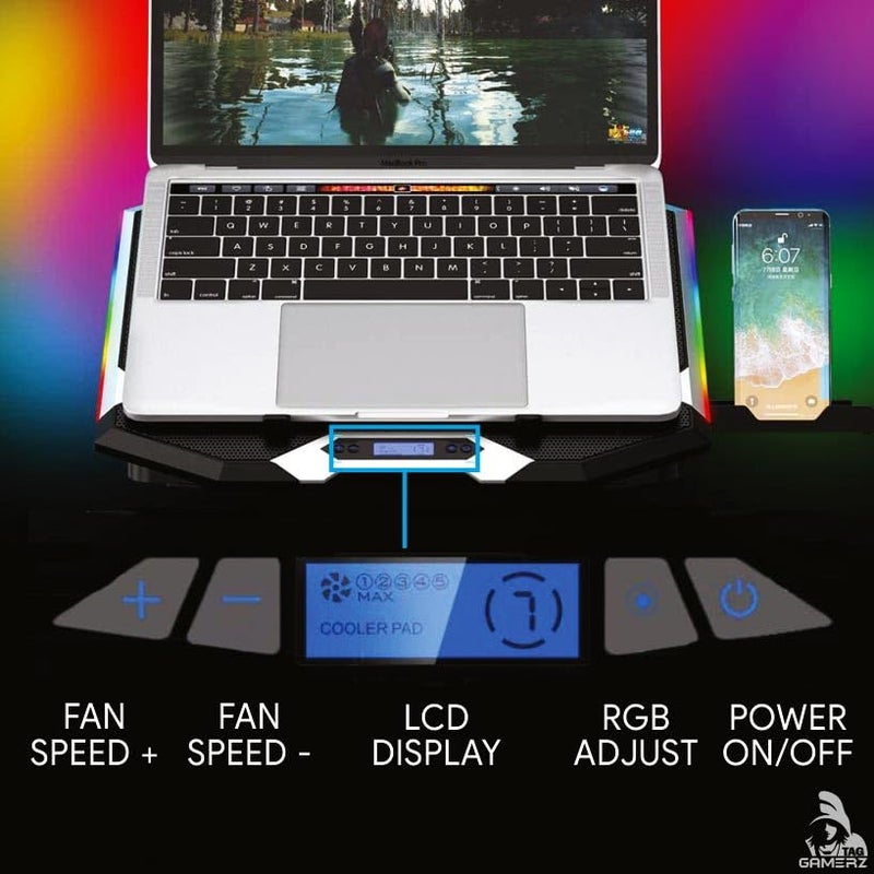 tag Gamerz Neo Laptop Cooling Pad – 6 Silent Red LED Turbo Fans, 7 RGB Modes, Detachable Mobile Holder, 17 inch Notebook Support, 6 Level Height Adjustment, LCD Display, Dual USB Hub, Anti-Slip Baffle - Image 3