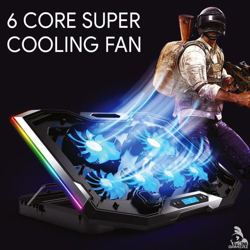 tag Gamerz Neo Laptop Cooling Pad – 6 Silent Red LED Turbo Fans, 7 RGB Modes, Detachable Mobile Holder, 17 inch Notebook Support, 6 Level Height Adjustment, LCD Display, Dual USB Hub, Anti-Slip Baffle - Image 2