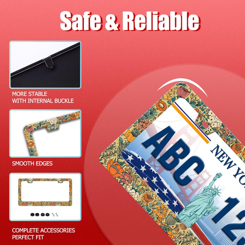 UNINDREM Beautiful Floral Print License Plate Frame Funny Stainless Steel Vintage Flower License Plate Frames Auto Parts Decoration with Screws License Plate Holder for Men Women 12x6 Inch - Image 5