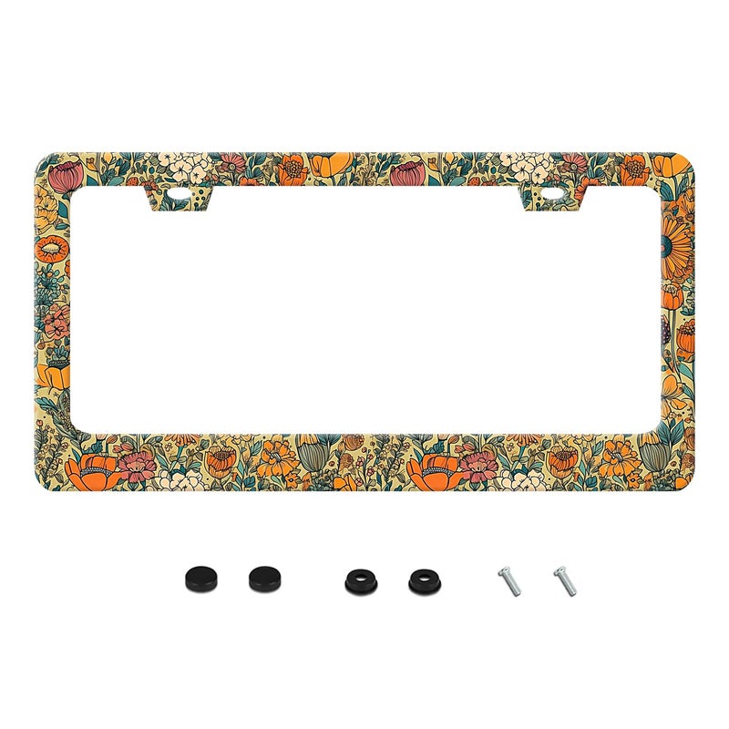 UNINDREM Beautiful Floral Print License Plate Frame Funny Stainless Steel Vintage Flower License Plate Frames Auto Parts Decoration with Screws License Plate Holder for Men Women 12x6 Inch - Image 1